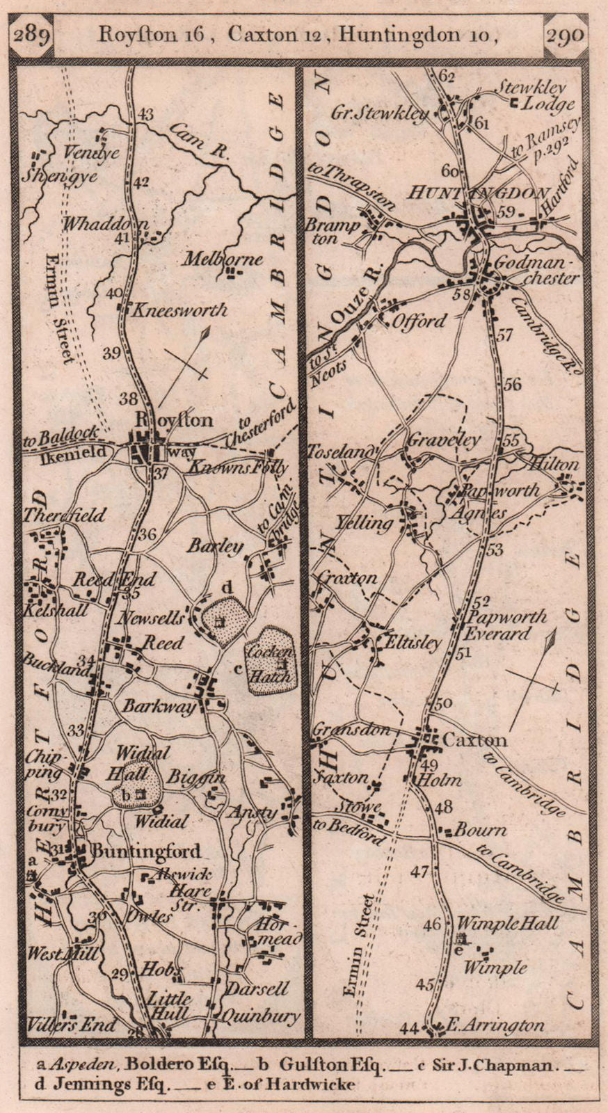 Buntingford - Royston - Caxton - Huntingdon road strip map PATERSON 1803